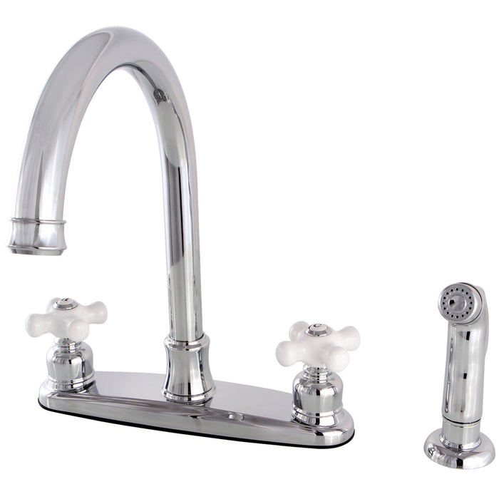 Kingston Tulare FB7791PXSP - Victorian Two-Handle 4-Hole 8" Centerset Kitchen Faucet with Side Sprayer, Polished Chrome