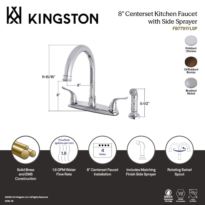 Kingston Tulare FB7791YLSP - Yosemite Two-Handle 4-Hole 8" Centerset Kitchen Faucet with Side Sprayer, Polished Chrome