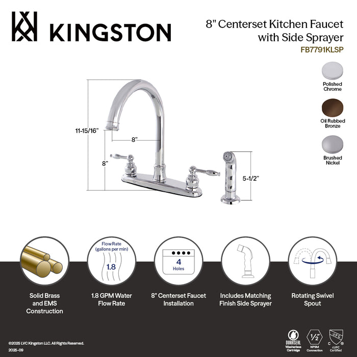 Kingston Tulare FB7795KLSP - Knight Two-Handle 4-Hole 8" Centerset Kitchen Faucet with Side Sprayer, Oil Rubbed Bronze