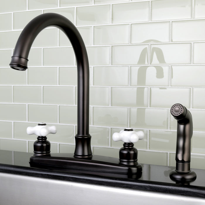 Kingston Tulare FB7795PXSP - Victorian Two-Handle 4-Hole 8" Centerset Kitchen Faucet with Side Sprayer, Oil Rubbed Bronze
