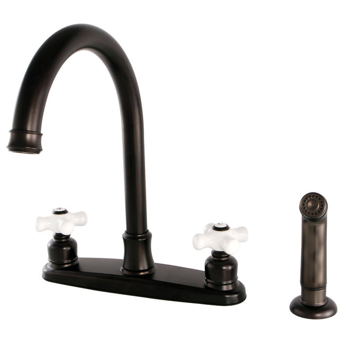 Kingston Tulare FB7795PXSP - Victorian Two-Handle 4-Hole 8" Centerset Kitchen Faucet with Side Sprayer, Oil Rubbed Bronze