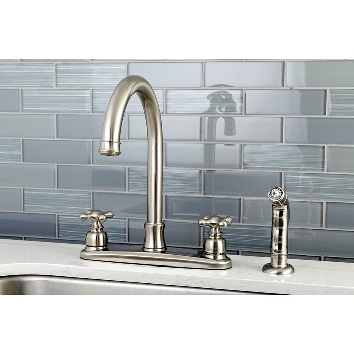 Kingston Heirloom FB7798AXSP - Victorian Two-Handle 4-Hole 8" Centerset Kitchen Faucet with Side Sprayer, Brushed Nickel