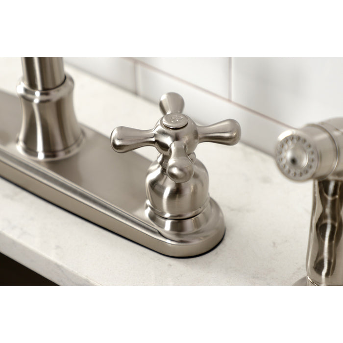 Kingston Heirloom FB7798AXSP - Victorian Two-Handle 4-Hole 8" Centerset Kitchen Faucet with Side Sprayer, Brushed Nickel
