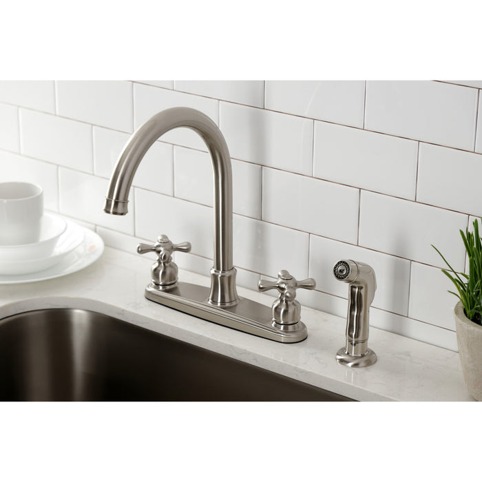 Kingston Heirloom FB7798AXSP - Victorian Two-Handle 4-Hole 8" Centerset Kitchen Faucet with Side Sprayer, Brushed Nickel