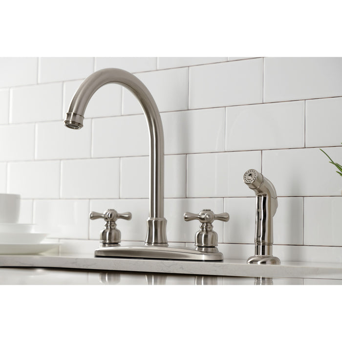 Kingston Heirloom FB7798AXSP - Victorian Two-Handle 4-Hole 8" Centerset Kitchen Faucet with Side Sprayer, Brushed Nickel