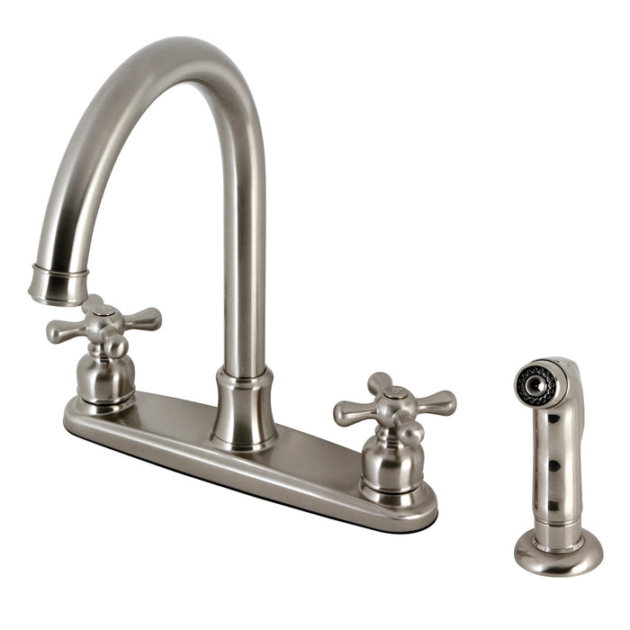Kingston Heirloom FB7798AXSP - Victorian Two-Handle 4-Hole 8" Centerset Kitchen Faucet with Side Sprayer, Brushed Nickel