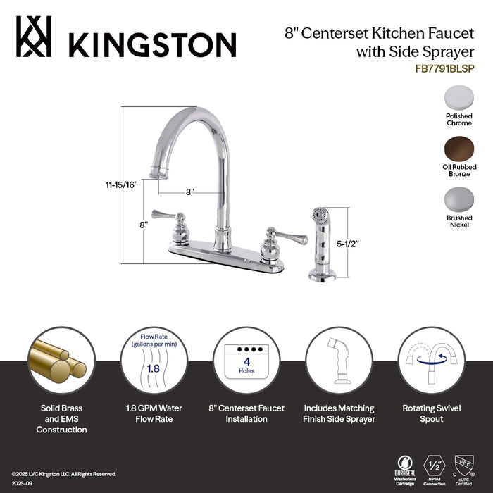 Kingston Tulare FB7798BLSP - Vintage Two-Handle 4-Hole 8" Centerset Kitchen Faucet with Side Sprayer, Brushed Nickel