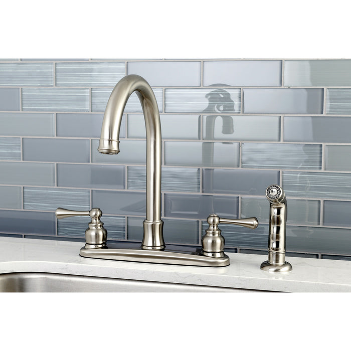 Kingston Tulare FB7798BLSP - Vintage Two-Handle 4-Hole 8" Centerset Kitchen Faucet with Side Sprayer, Brushed Nickel