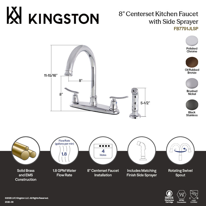 Kingston Tulare FB7798JLSP - Jamestown Two-Handle 4-Hole 8" Centerset Kitchen Faucet with Side Sprayer, Brushed Nickel
