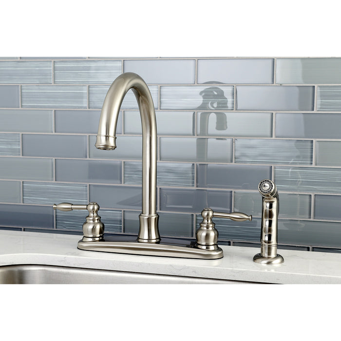 Kingston Tulare FB7798KLSP - Knight Two-Handle 4-Hole 8" Centerset Kitchen Faucet with Side Sprayer, Brushed Nickel