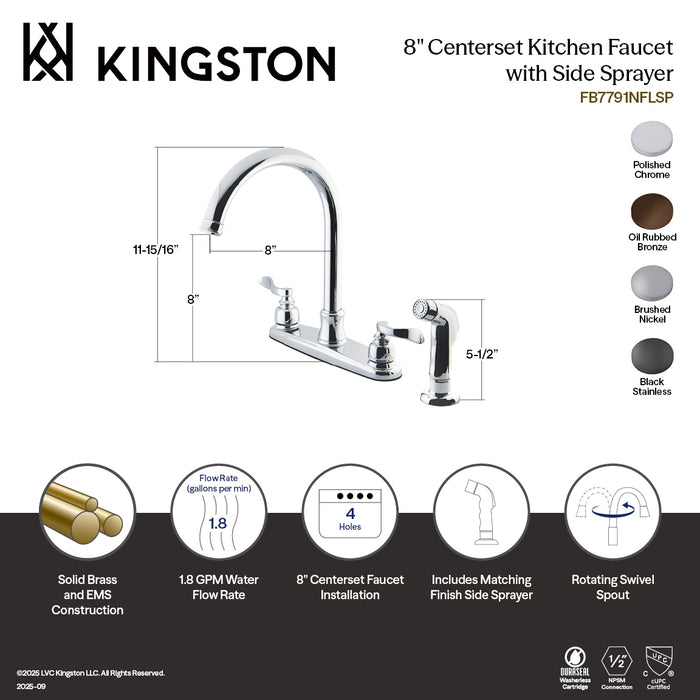 Kingston Tulare FB7798NFLSP - NuWave French Two-Handle 4-Hole 8" Centerset Kitchen Faucet with Side Sprayer, Brushed Nickel