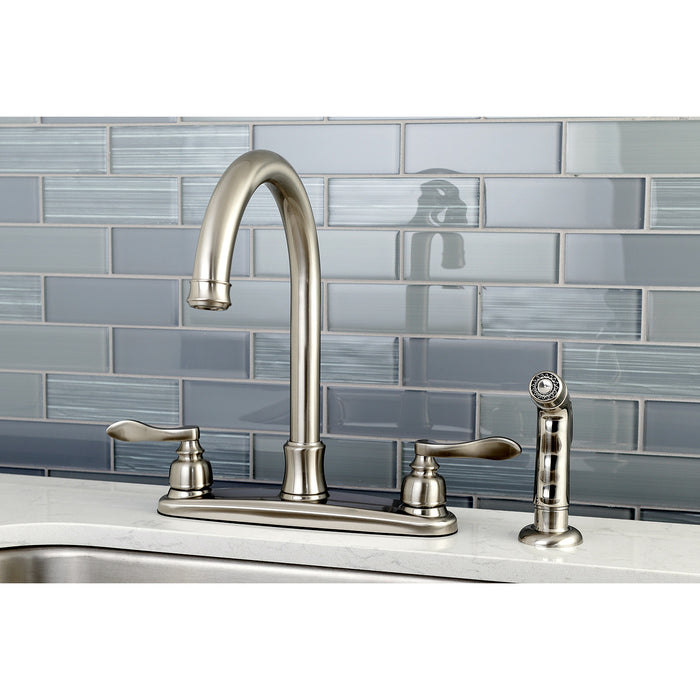 Kingston Tulare FB7798NFLSP - NuWave French Two-Handle 4-Hole 8" Centerset Kitchen Faucet with Side Sprayer, Brushed Nickel