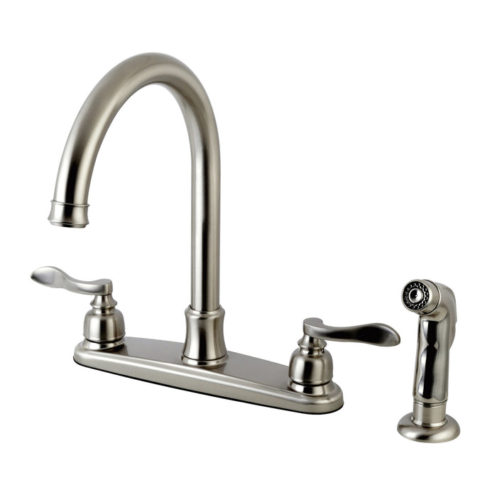Kingston Tulare FB7798NFLSP - NuWave French Two-Handle 4-Hole 8" Centerset Kitchen Faucet with Side Sprayer, Brushed Nickel