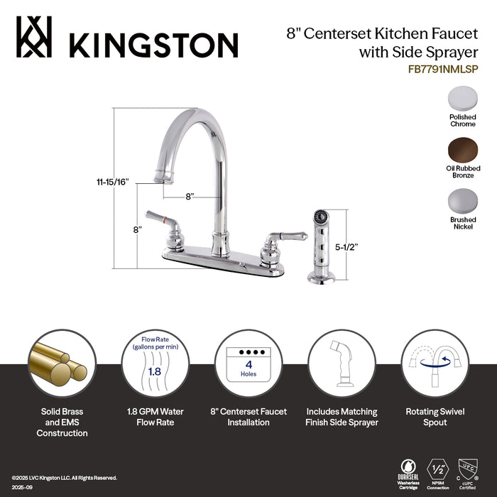 Naples FB7798NMLSP Two-Handle 4-Hole 8" Centerset Kitchen Faucet with Side Sprayer, Brushed Nickel