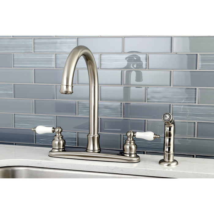 Kingston Tulare FB7798PLSP - Victorian Two-Handle 4-Hole 8" Centerset Kitchen Faucet with Side Sprayer, Brushed Nickel