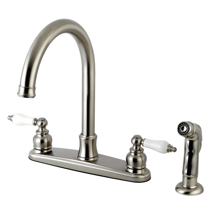 Kingston Tulare FB7798PLSP - Victorian Two-Handle 4-Hole 8" Centerset Kitchen Faucet with Side Sprayer, Brushed Nickel