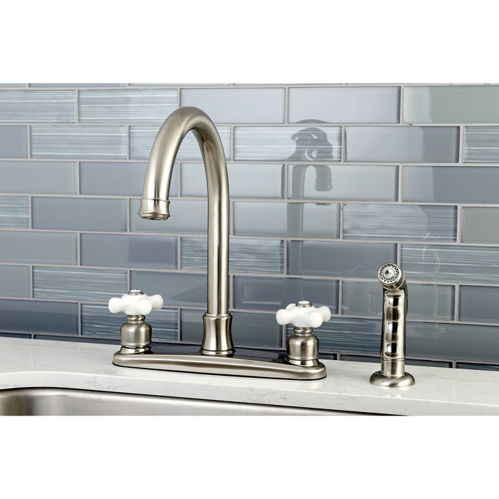 Kingston Tulare FB7798PXSP - Victorian Two-Handle 4-Hole 8" Centerset Kitchen Faucet with Side Sprayer, Brushed Nickel
