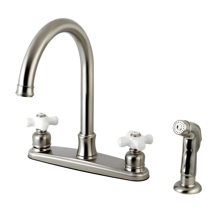 Kingston Tulare FB7798PXSP - Victorian Two-Handle 4-Hole 8" Centerset Kitchen Faucet with Side Sprayer, Brushed Nickel
