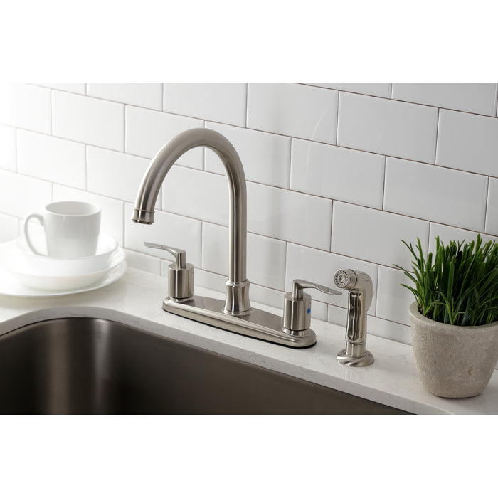 Kingston Tulare FB7798SVLSP - Serena Two-Handle 4-Hole 8" Centerset Kitchen Faucet with Side Sprayer, Brushed Nickel