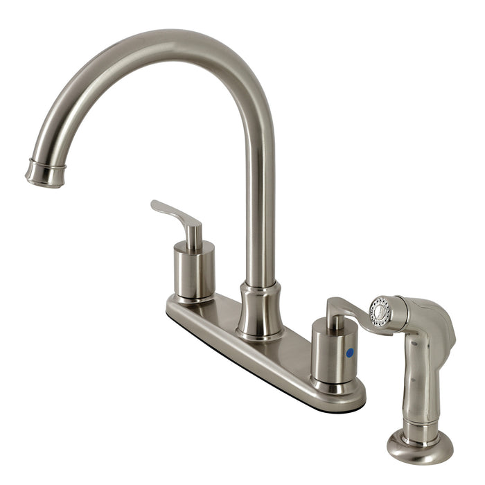 Kingston Tulare FB7798SVLSP - Serena Two-Handle 4-Hole 8" Centerset Kitchen Faucet with Side Sprayer, Brushed Nickel