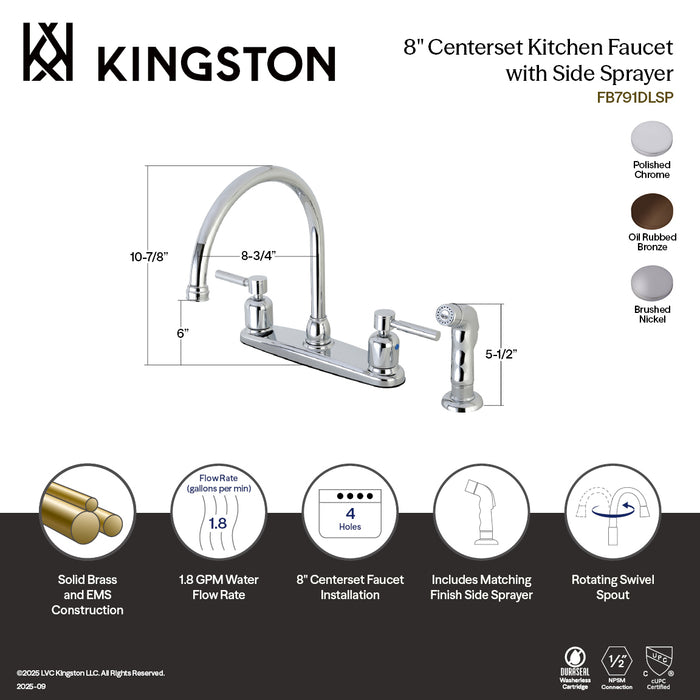 Kingston Tulare FB791DLSP - Concord Two-Handle 4-Hole 8" Centerset Kitchen Faucet with Side Sprayer, Polished Chrome