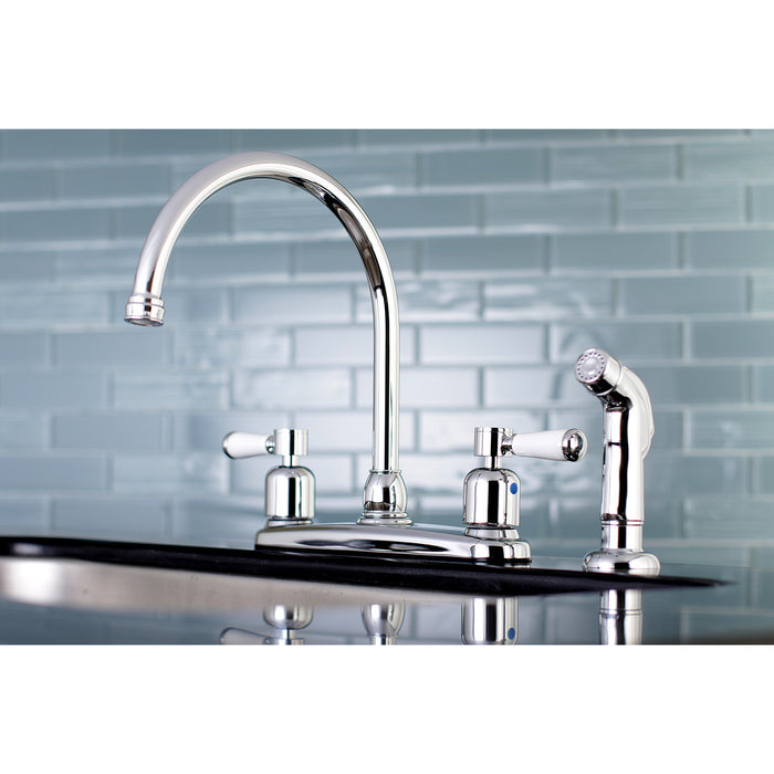 Kingston Tulare FB791DPLSP - Paris Two-Handle 4-Hole 8" Centerset Kitchen Faucet with Side Sprayer, Polished Chrome