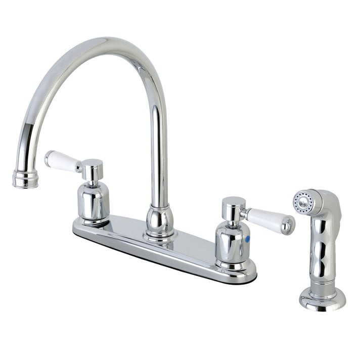 Kingston Tulare FB791DPLSP - Paris Two-Handle 4-Hole 8" Centerset Kitchen Faucet with Side Sprayer, Polished Chrome