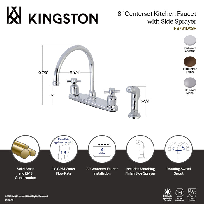 Kingston Tulare FB791DXSP - Concord Two-Handle 4-Hole 8" Centerset Kitchen Faucet with Side Sprayer, Polished Chrome