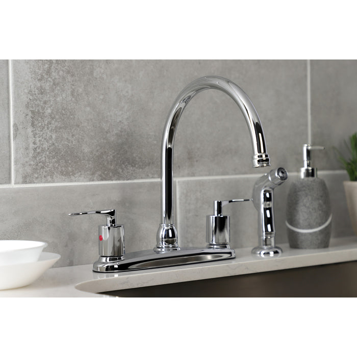 Kingston Tulare FB791SVLSP - Serena Two-Handle 4-Hole 8" Centerset Kitchen Faucet with Side Sprayer, Polished Chrome
