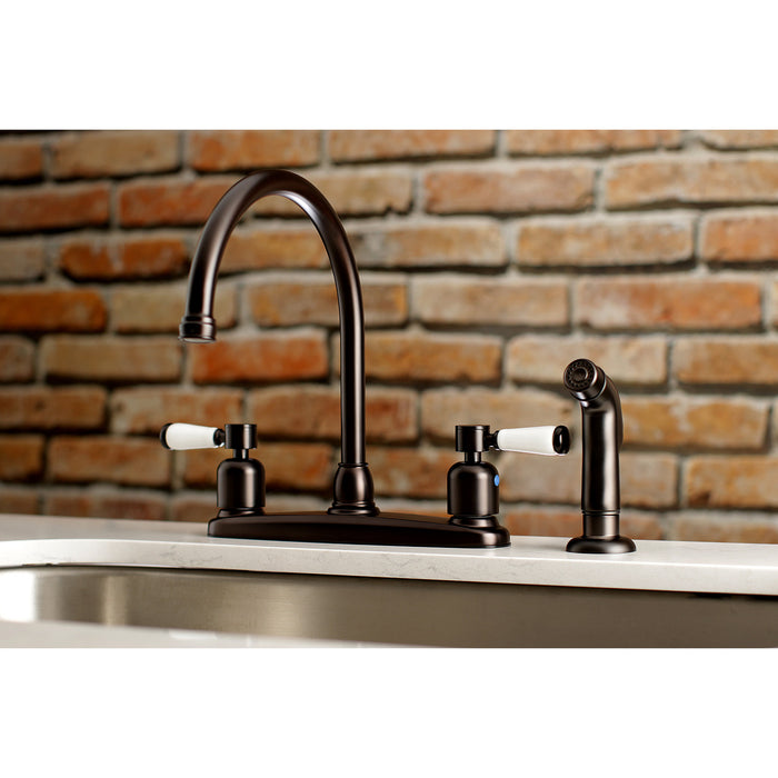 Kingston Tulare FB795DPLSP - Paris Two-Handle 4-Hole 8" Centerset Kitchen Faucet with Side Sprayer, Oil Rubbed Bronze