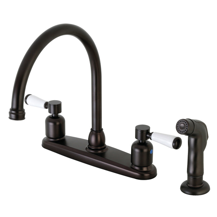 Kingston Tulare FB795DPLSP - Paris Two-Handle 4-Hole 8" Centerset Kitchen Faucet with Side Sprayer, Oil Rubbed Bronze