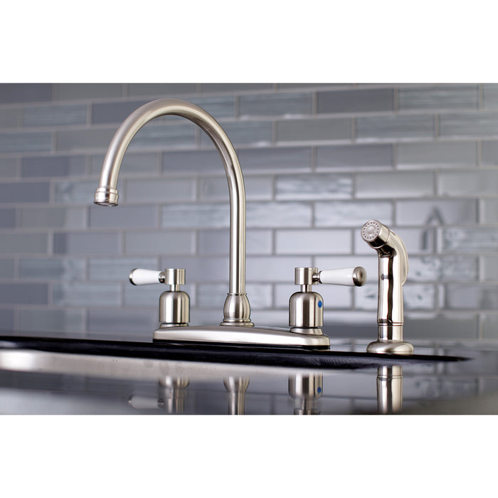 Kingston Tulare FB798DPLSP - Paris Two-Handle 4-Hole 8" Centerset Kitchen Faucet with Side Sprayer, Brushed Nickel