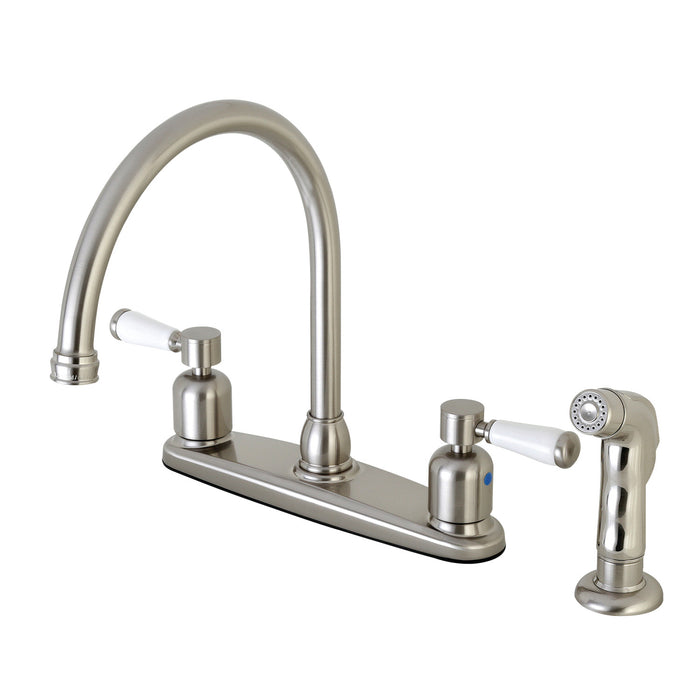 Kingston Tulare FB798DPLSP - Paris Two-Handle 4-Hole 8" Centerset Kitchen Faucet with Side Sprayer, Brushed Nickel