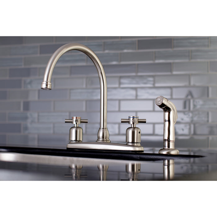 Kingston Tulare FB798DXSP - Concord Two-Handle 4-Hole 8" Centerset Kitchen Faucet with Side Sprayer, Brushed Nickel