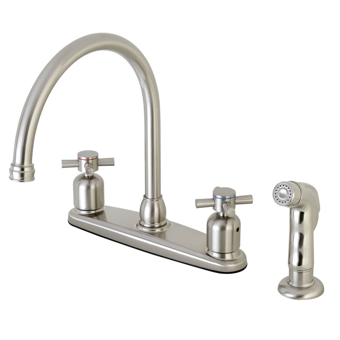 Kingston Tulare FB798DXSP - Concord Two-Handle 4-Hole 8" Centerset Kitchen Faucet with Side Sprayer, Brushed Nickel