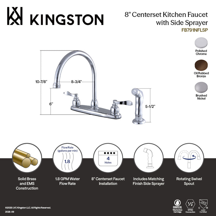 Kingston Tulare FB798NFLSP - NuWave French Two-Handle 4-Hole 8" Centerset Kitchen Faucet with Side Sprayer, Brushed Nickel