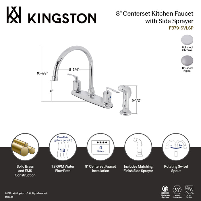 Kingston Tulare FB798SVLSP - Serena Two-Handle 4-Hole 8" Centerset Kitchen Faucet with Side Sprayer, Brushed Nickel