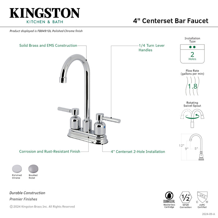 Kingston Tulare FB8491DL - Concord Two-Handle 2-Hole Deck Mount Bar Faucet, Polished Chrome