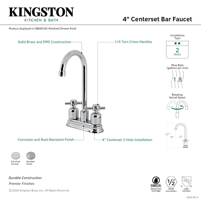 Kingston Tulare FB8491DX - Concord Two-Handle 2-Hole Deck Mount Bar Faucet, Polished Chrome