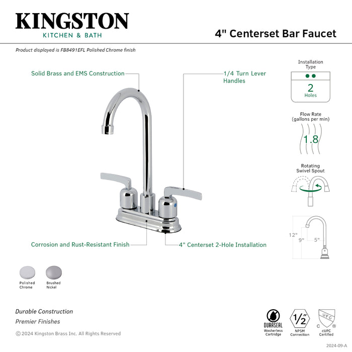 Kingston Tulare FB8491EFL - Centurion Two-Handle 2-Hole Deck Mount Bar Faucet, Polished Chrome