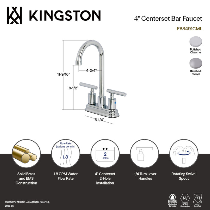 Kingston Tulare FB8498CML - Manhattan Two-Handle 2-Hole Deck Mount Bar Faucet, Brushed Nickel