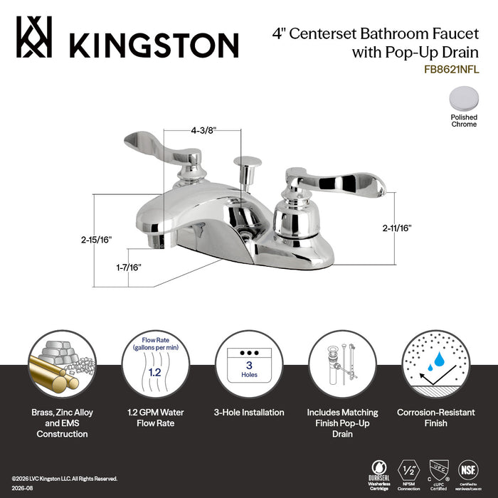 Kingston Tulare FB8621NFL - NuWave French Double-Handle 3-Hole Deck Mount 4-Inch Centerset Bathroom Faucet with Pop-Up Drain, Polished Chrome