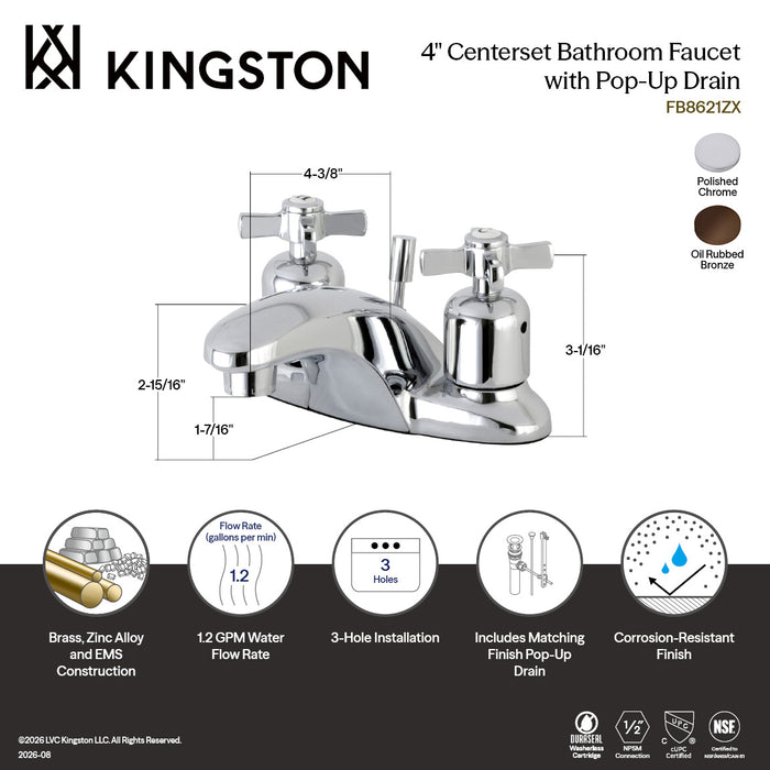 Kingston Tulare FB8621ZX - Millennium Double-Handle 3-Hole Deck Mount 4-Inch Centerset Bathroom Faucet with Pop-Up Drain, Polished Chrome