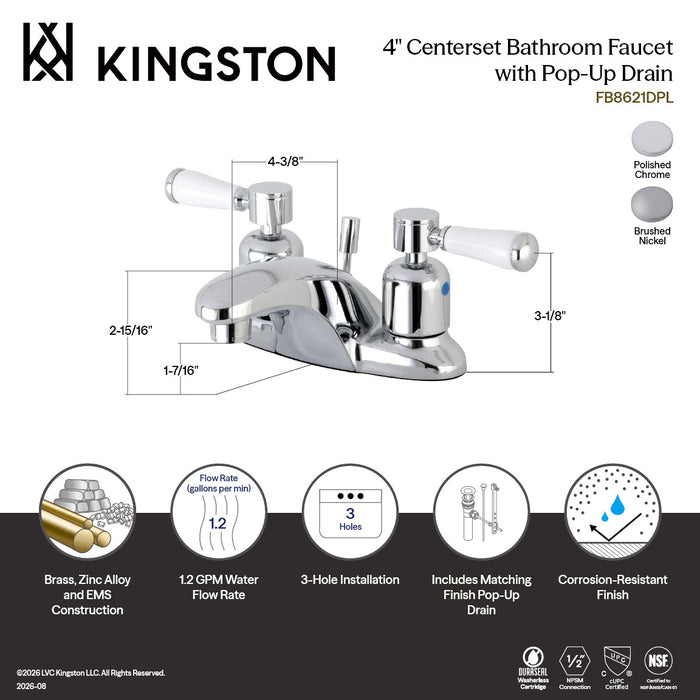Kingston Tulare FB8628DPL - Paris Double-Handle 3-Hole Deck Mount 4-Inch Centerset Bathroom Faucet with Pop-Up Drain, Brushed Nickel