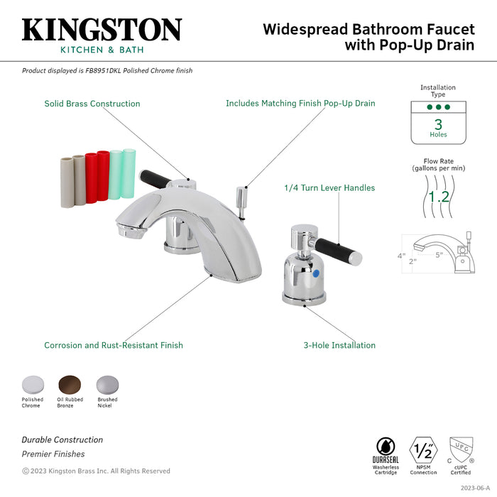 Kingston Tulare FB8951DKL - Kaiser Two-Handle 3-Hole Deck Mount Widespread Bathroom Faucet with Pop-Up Drain, Polished Chrome