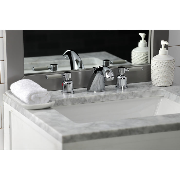 Kingston Tulare FB8951DKL - Kaiser Two-Handle 3-Hole Deck Mount Widespread Bathroom Faucet with Pop-Up Drain, Polished Chrome