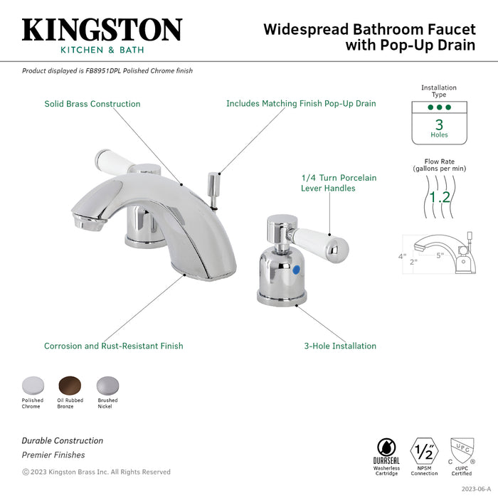 Kingston Tulare FB8951DPL - Paris Two-Handle 3-Hole Deck Mount Widespread Bathroom Faucet with Pop-Up Drain, Polished Chrome