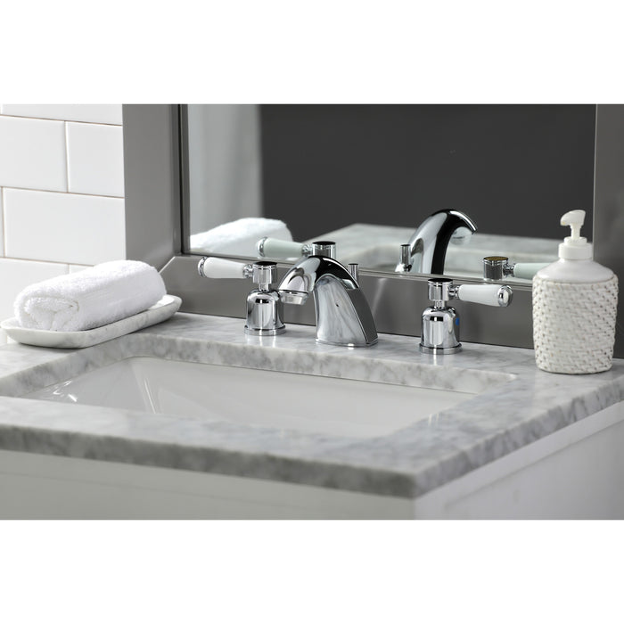 Kingston Tulare FB8951DPL - Paris Two-Handle 3-Hole Deck Mount Widespread Bathroom Faucet with Pop-Up Drain, Polished Chrome