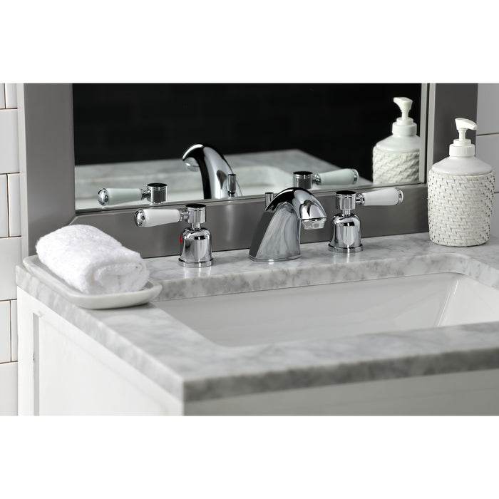 Kingston Tulare FB8951DPL - Paris Two-Handle 3-Hole Deck Mount Widespread Bathroom Faucet with Pop-Up Drain, Polished Chrome