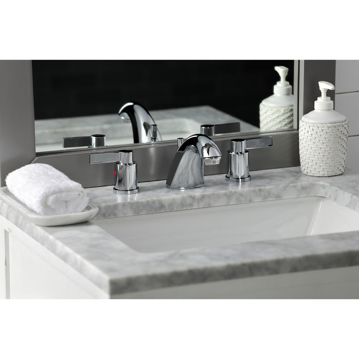 Kingston Tulare FB8951NDL - NuvoFusion Two-Handle 3-Hole Deck Mount Widespread Bathroom Faucet with Pop-Up Drain, Polished Chrome
